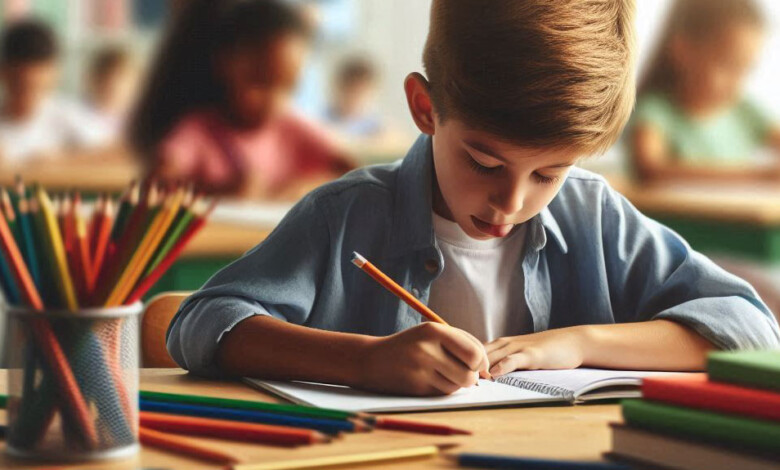 un enfant concentré qui tire la langue pour apprendre à écrire