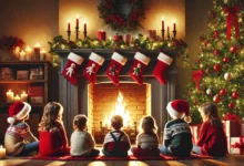 les enfants qui attendent le père Noël devant la cheminée