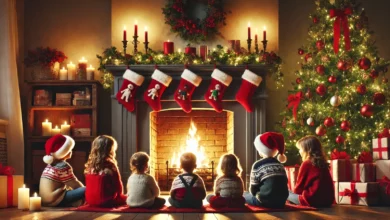 les enfants qui attendent le père Noël devant la cheminée