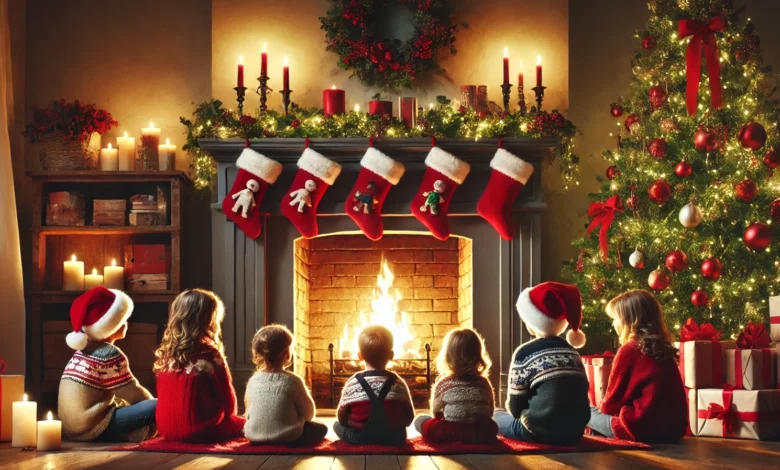 les enfants qui attendent le père Noël devant la cheminée